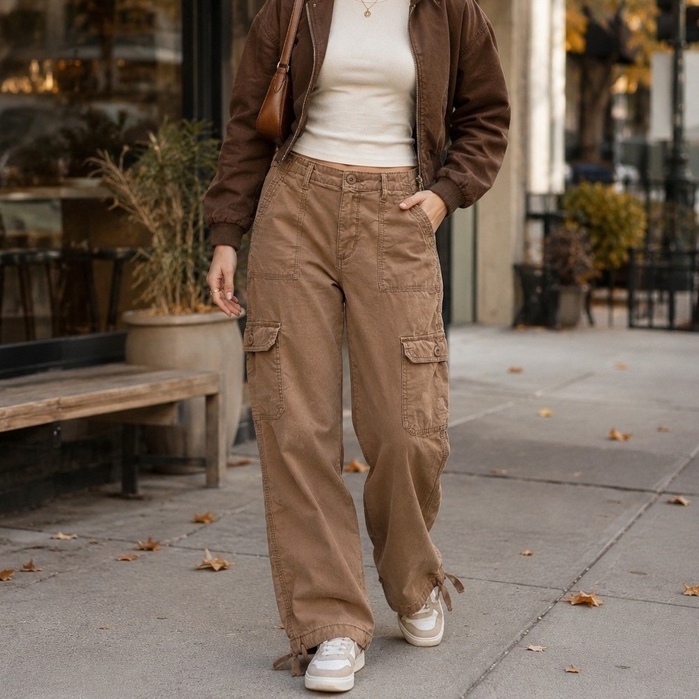 No Boundaries Y2K Brown Cargo Pants Women's M 7-9 Wide Leg Utility Gorpcore